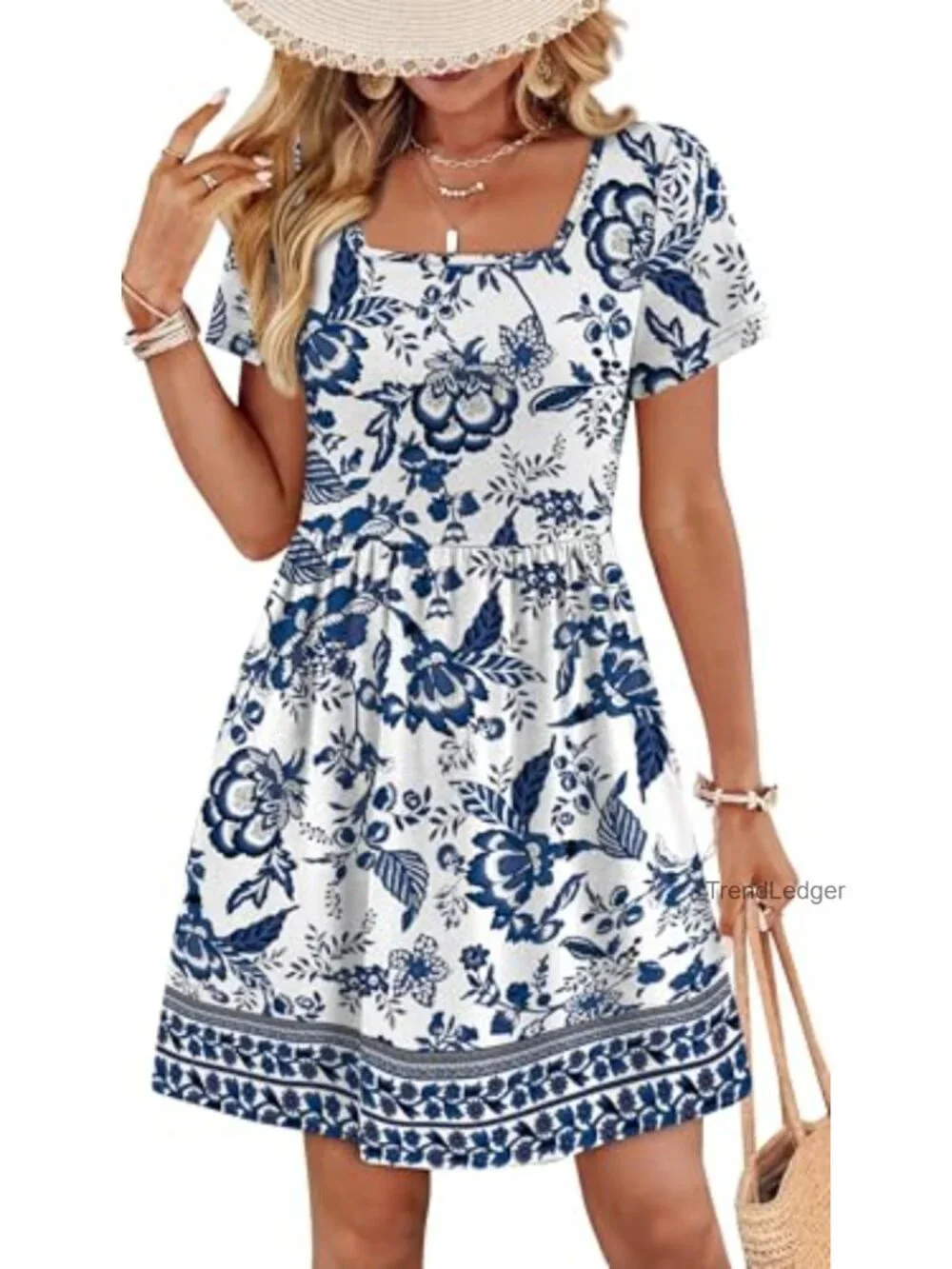 Women's Square Neck Short Sleeve Fit & Flare Midi Dress with Pockets